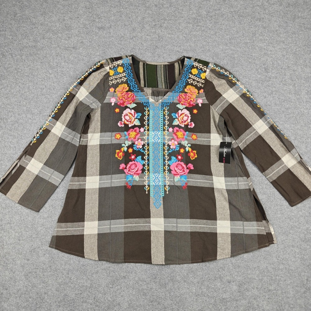 Andree By Unit Blouse Womens Medium Multicolor Plaid Embroidered Tunic Boho New